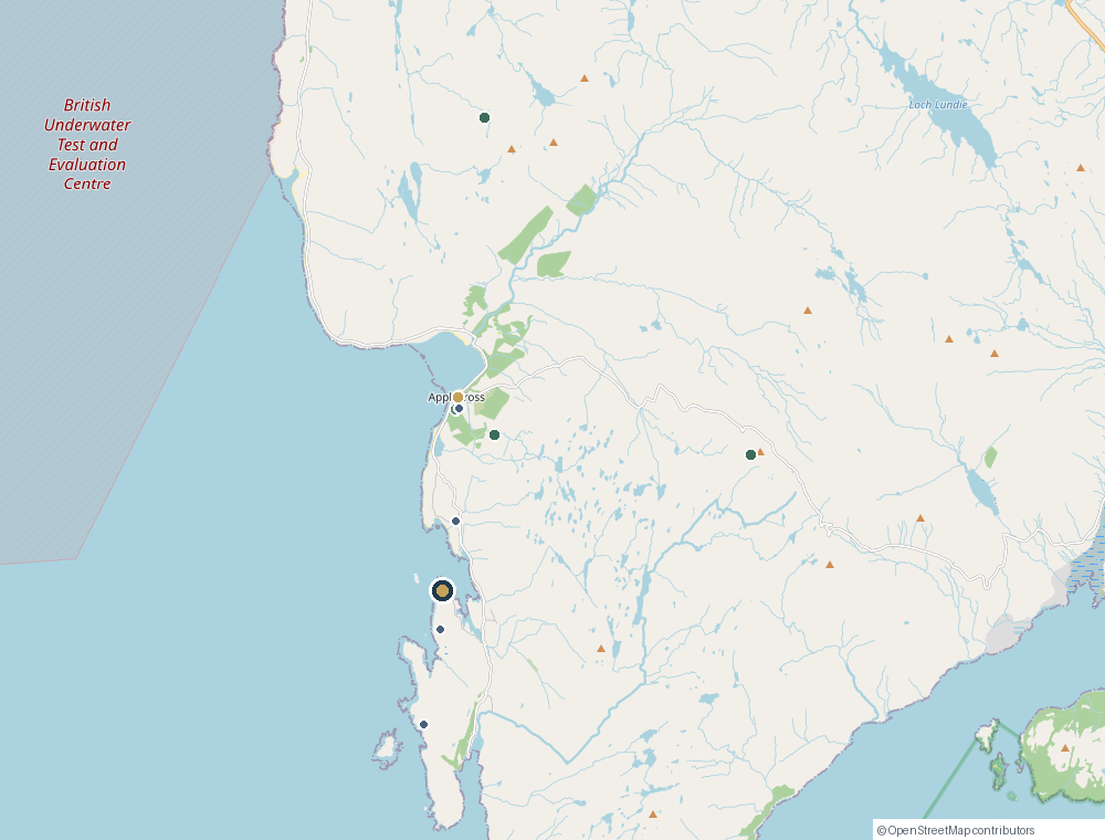 Map showing Seal Rock Cottage at Ardubh, just south of Applecross village, with the Inn, shop, beaches and the Bealach na Ba